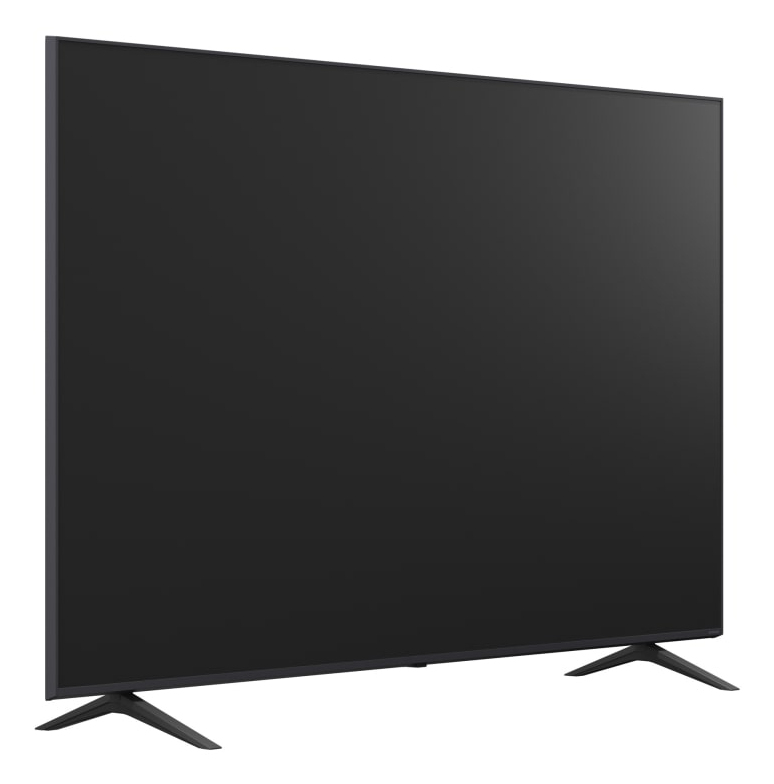 Un televisore nero a schermo piatto poggia su due piedi a forma di V su sfondo bianco.