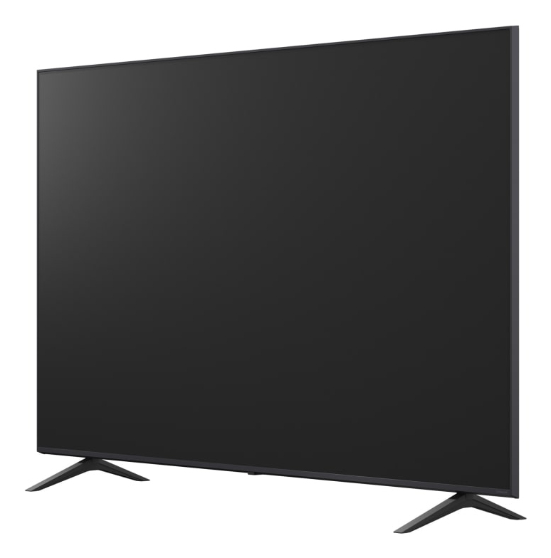 Un televisore moderno e nero con cornice sottile e due piedini a V.