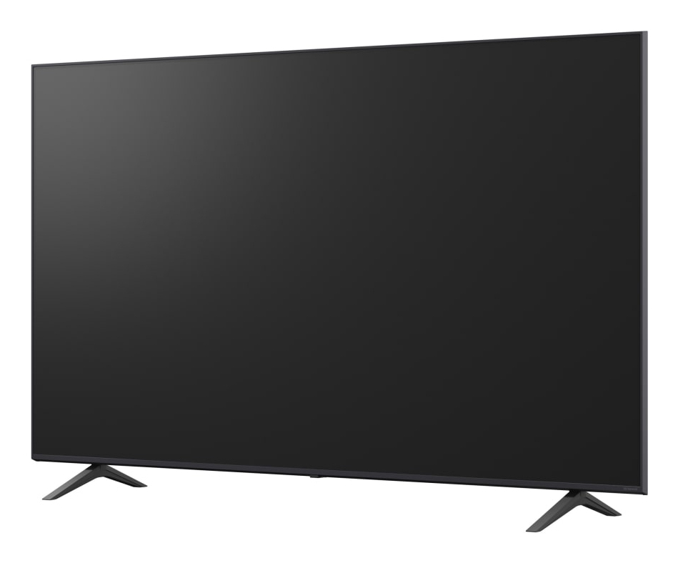 Un televisore nero moderno con cornice sottile e due piedini a V.
