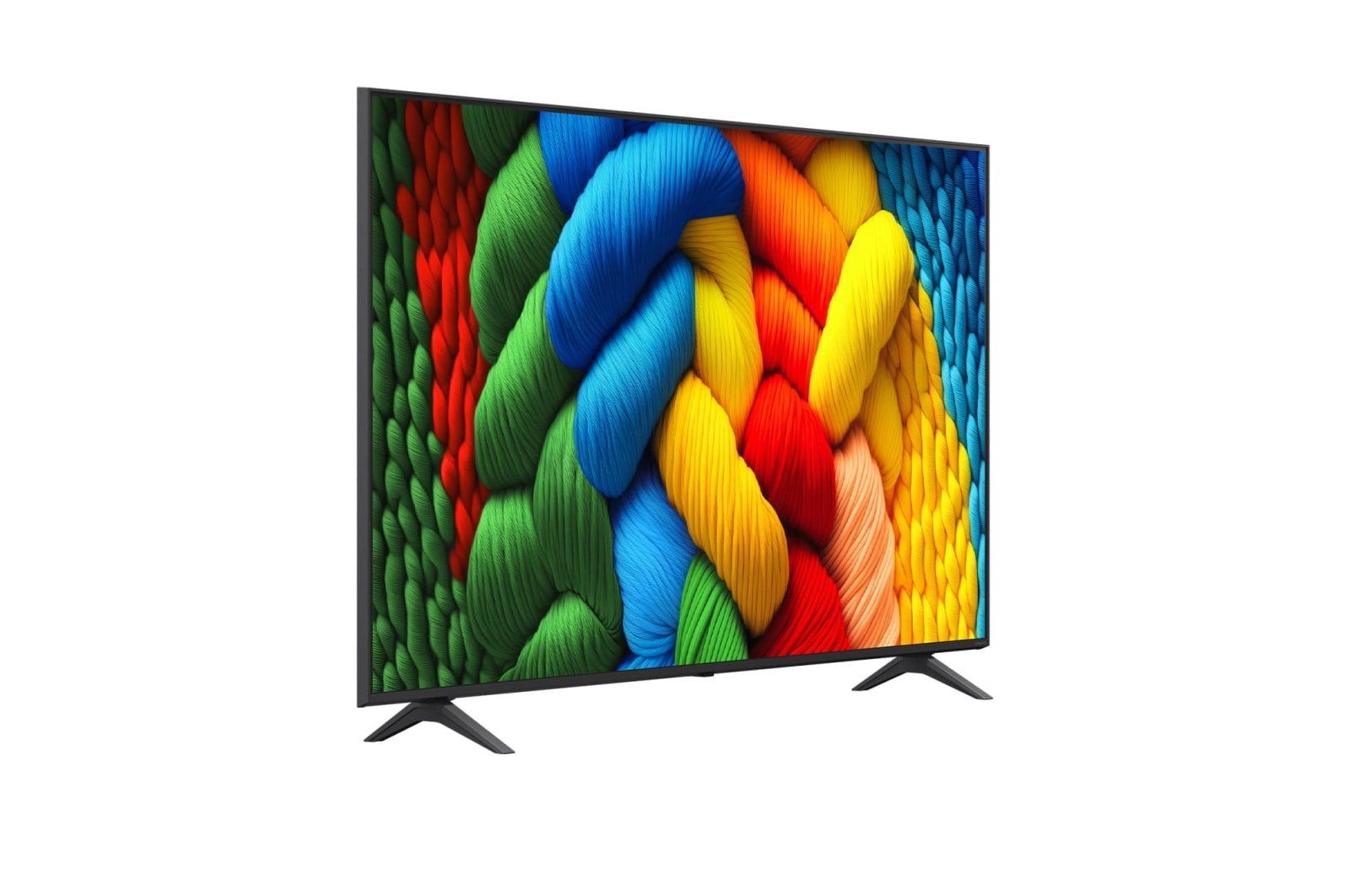 Un televisore moderno che visualizza uno schema intrecciato e colorato.