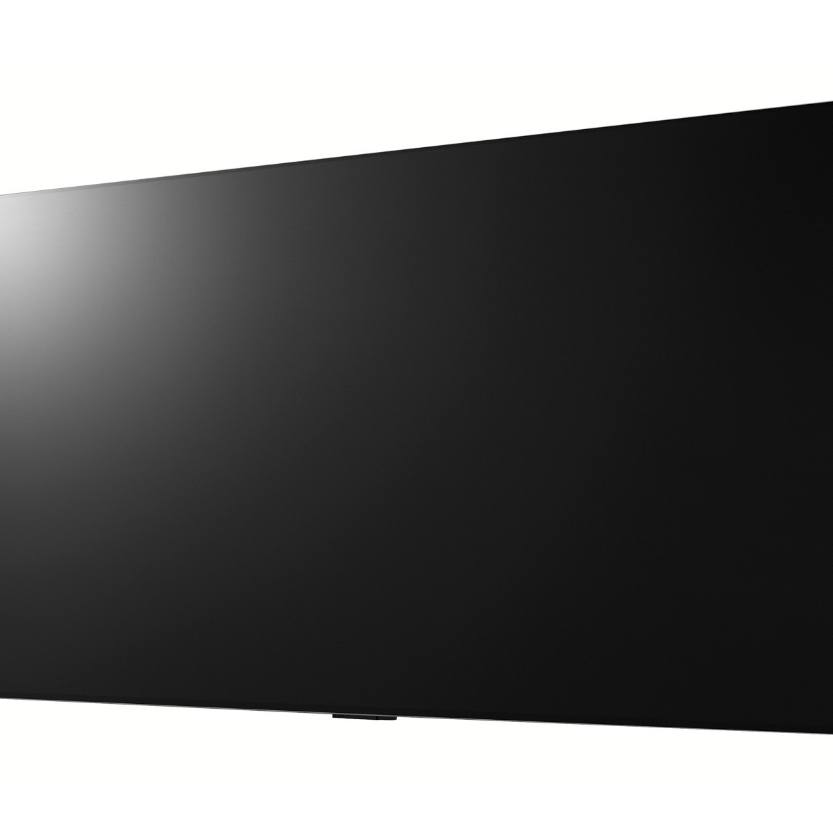 Un televisore nero senza cornice su sfondo bianco, visto da un'angolazione.