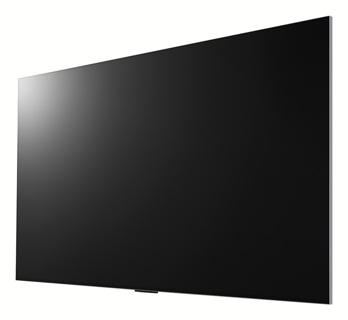 Una moderna TV a schermo piatto, nera con cornice argentata, su sfondo bianco.