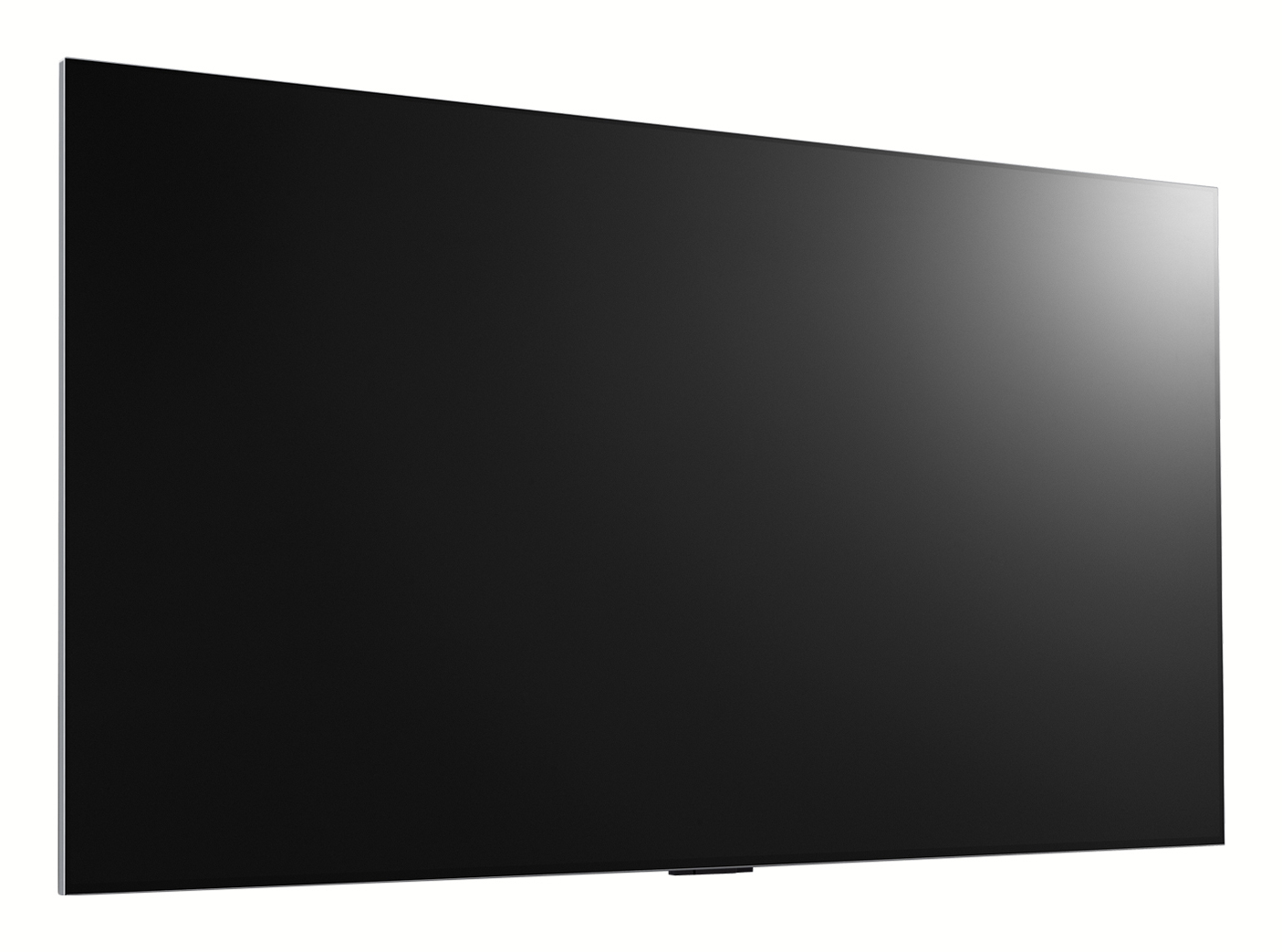 Un televisore nero con cornice sottile su sfondo bianco.