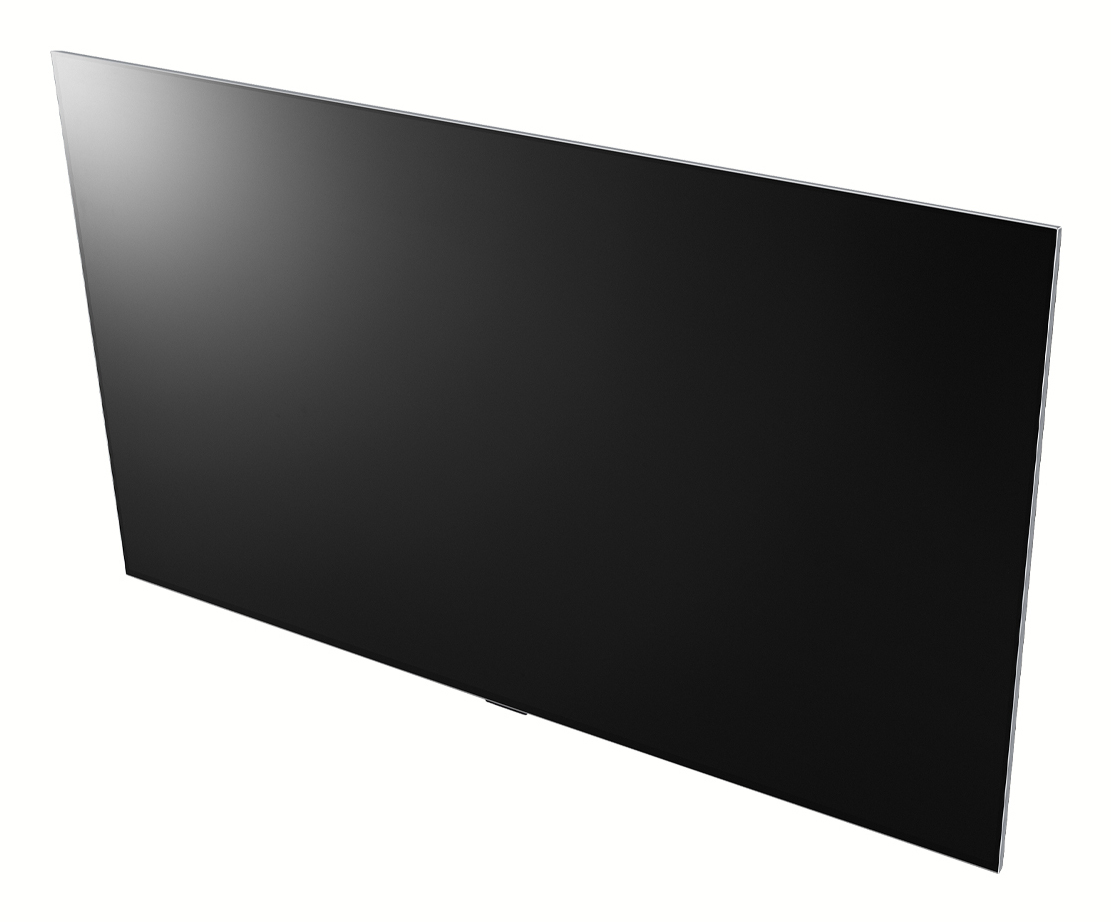 Una TV moderna a schermo piatto nera con cornice sottile.