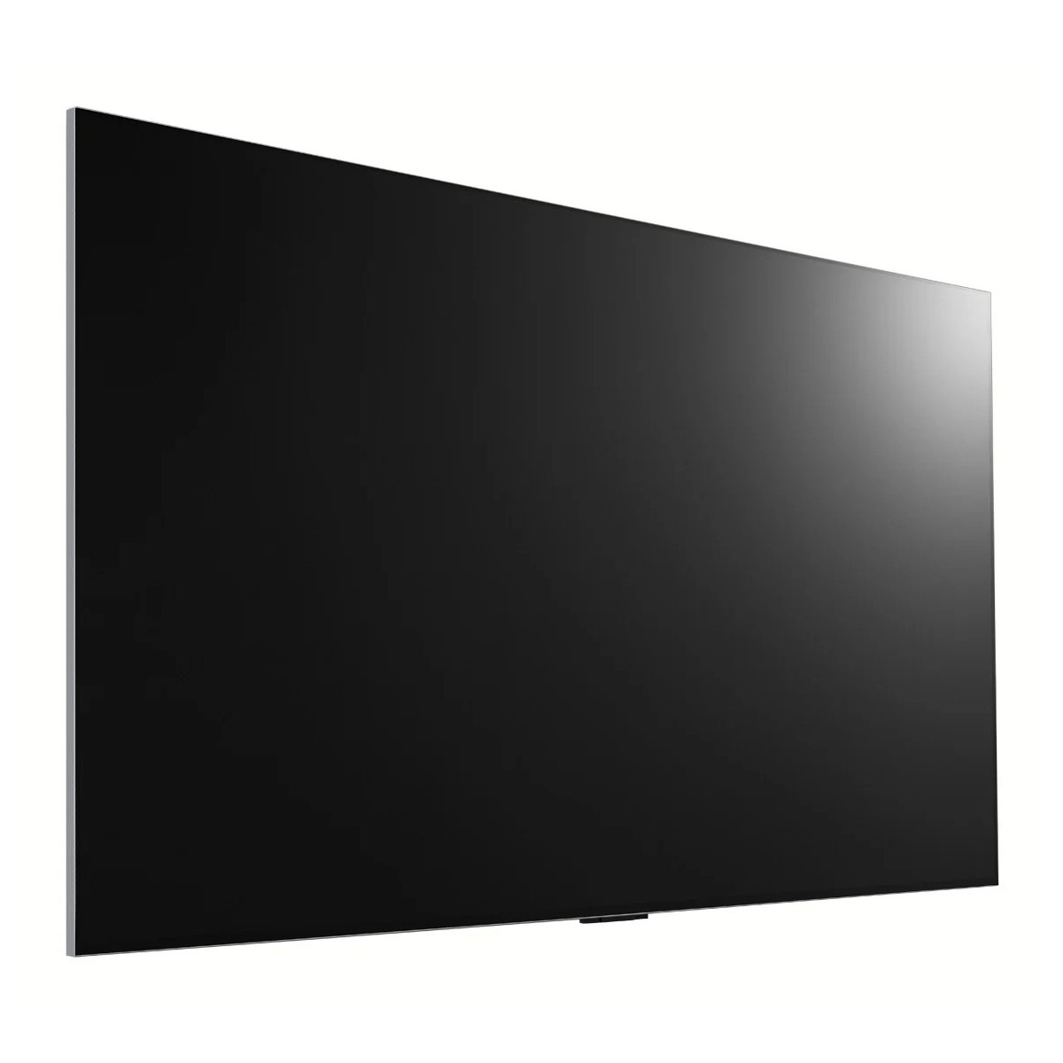 Una TV nera ed elegante con cornice sottile su sfondo bianco.