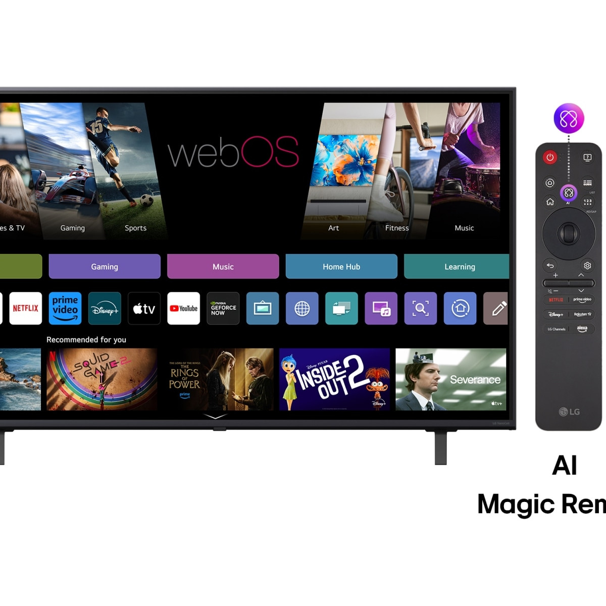 TV LG mostra interfaccia WebOS con app e telecomando.