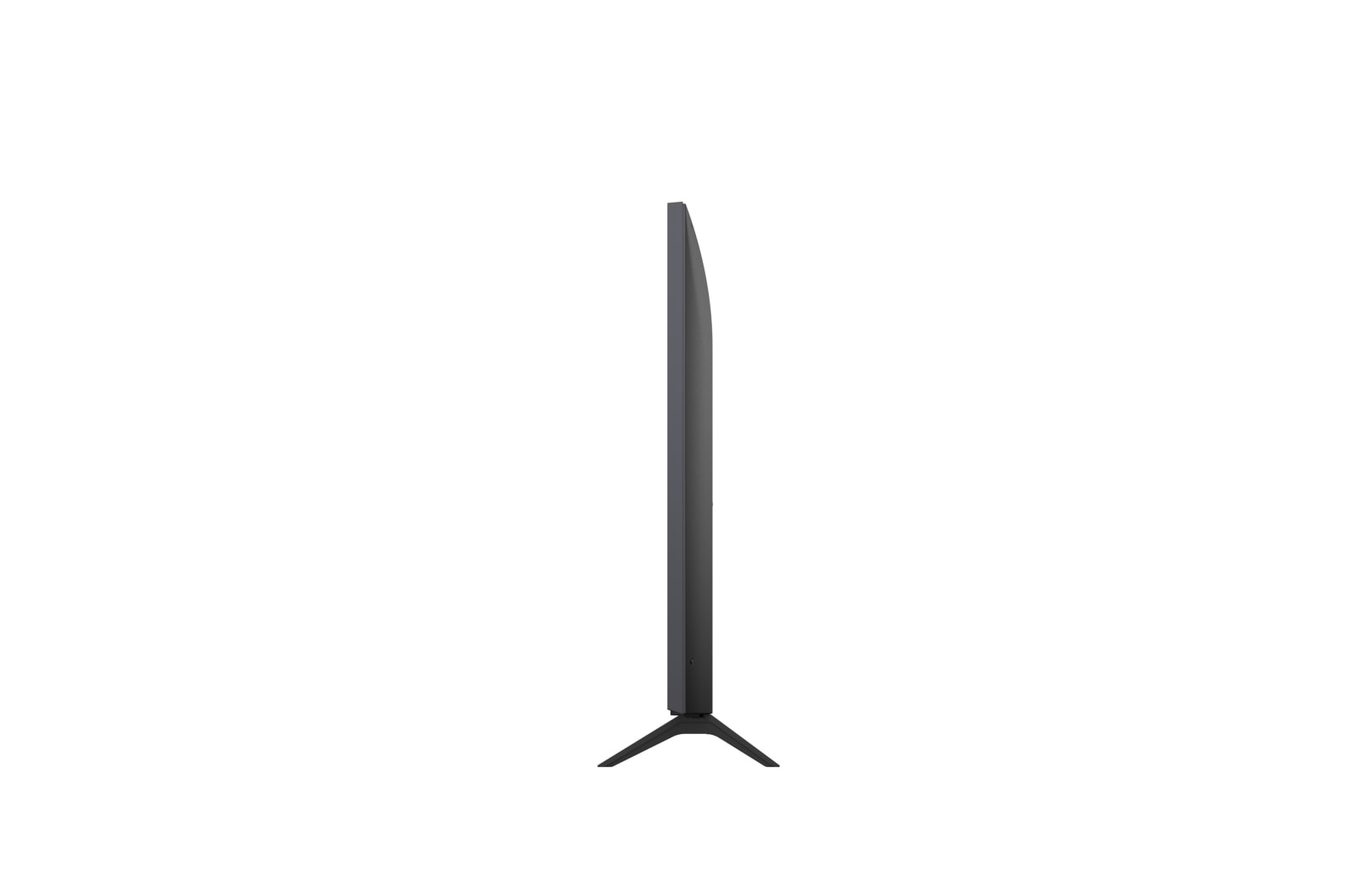 TV nero con cornice sottile e supporto a V, vista laterale.