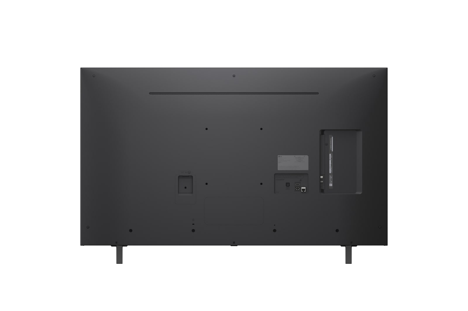 Retro di una TV nera con porte e piedini.