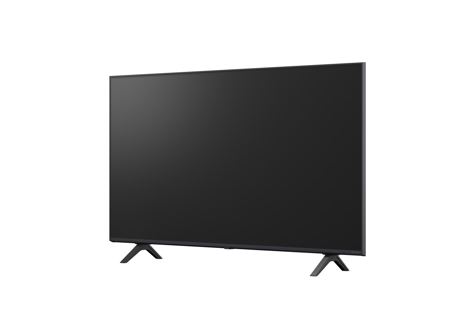 Una TV moderna schermo piatto, nera, con cornice sottile e due piedini.