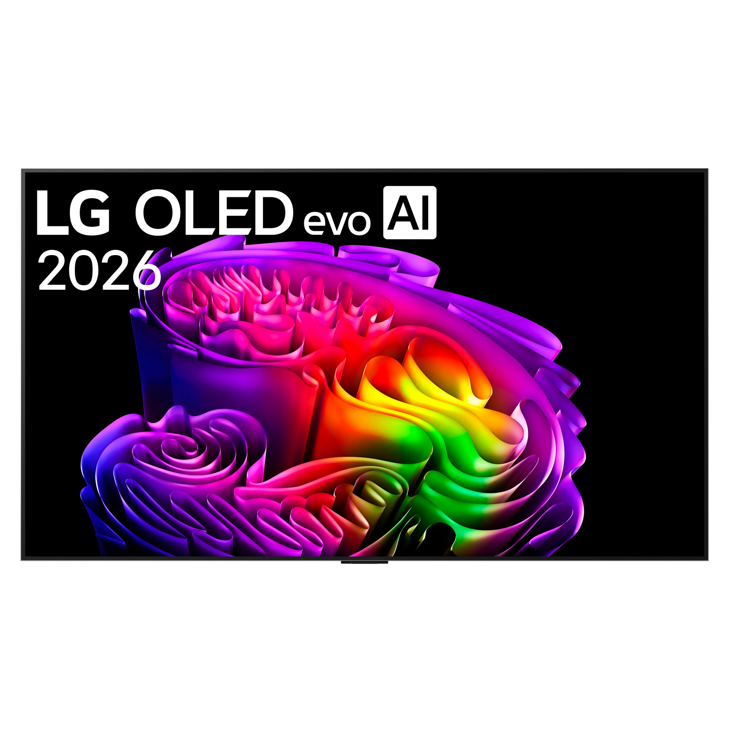TV LG OLED evo AI 2026 mostra una grafica vorticosa e colorata su sfondo nero.