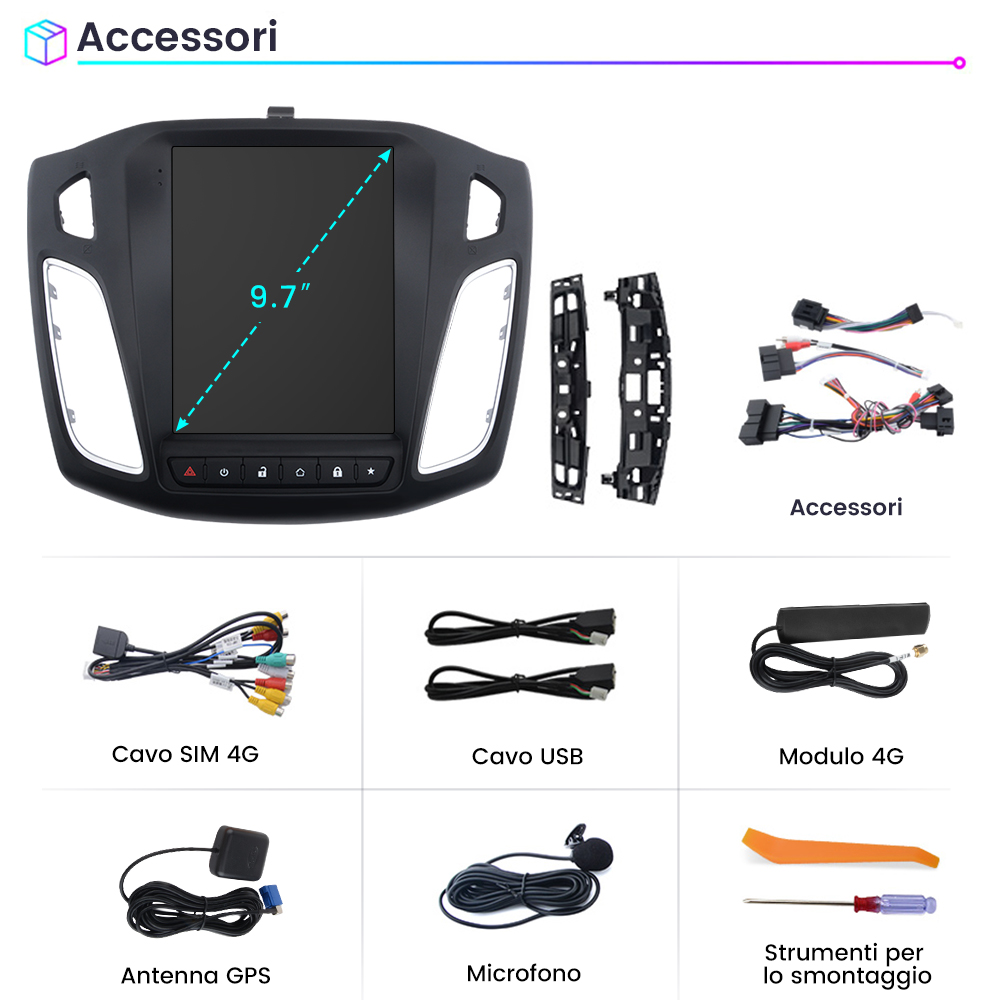 Display autoradio con accessori: cavi, antenna, microfono e strumenti.