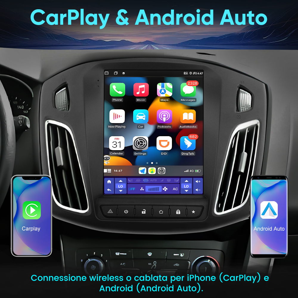 Sistema di infotainment per auto con schermo CarPlay/Android Auto, iPhone e telefono Android.