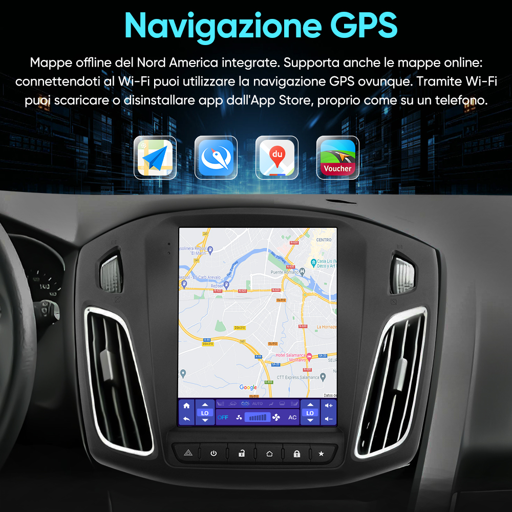 Navigazione GPS su touchscreen auto con mappe e icone app.