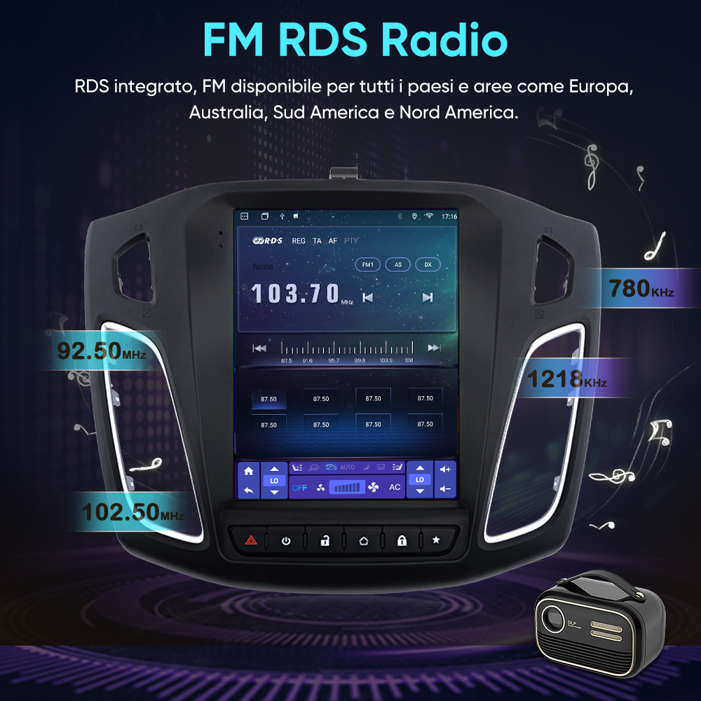 Una moderna autoradio con RDS FM visualizza 103.70 MHz e altre frequenze.