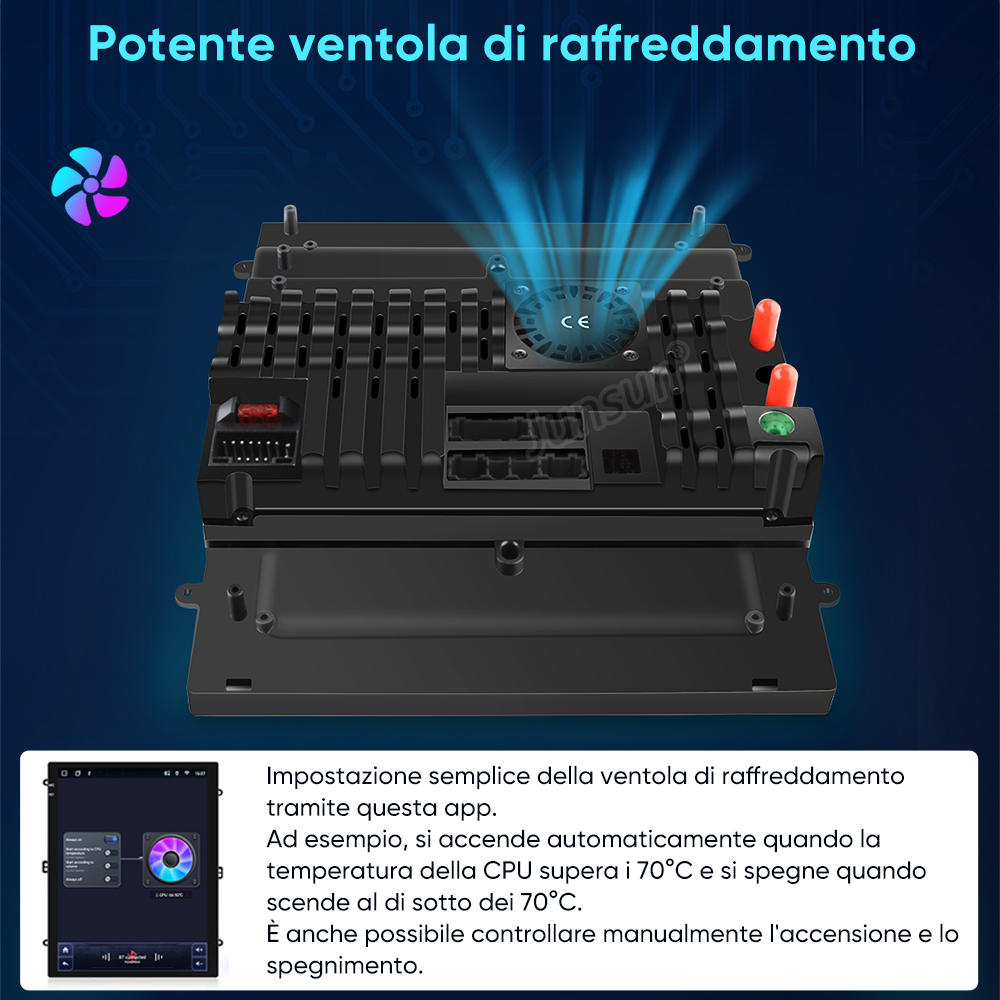 Retro di un autoradio con ventola che espelle aria fresca.