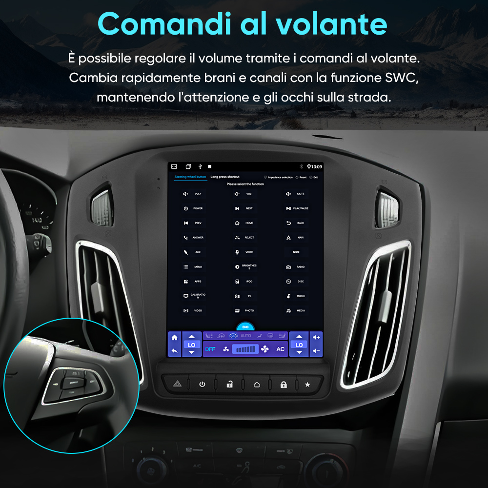 Cruscotto auto con grande touchscreen che mostra le impostazioni dei comandi al volante.