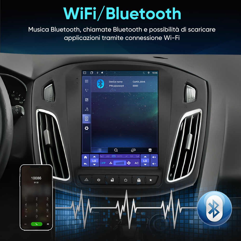 Schermo infotainment auto mostra opzioni Bluetooth e Wi-Fi. Un telefono è visualizzato.