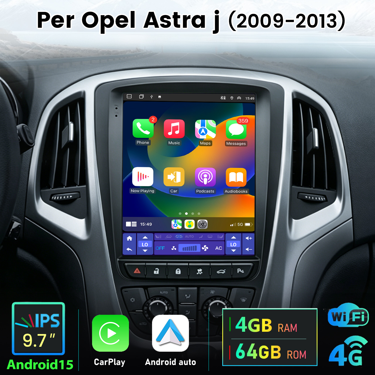 Cruscotto auto con schermo infotainment Opel Astra J che mostra app.