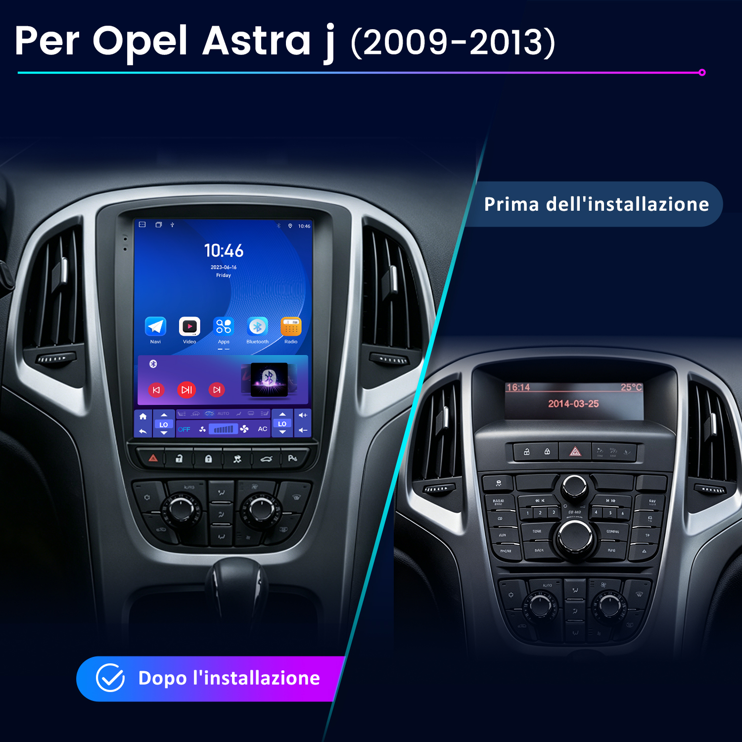 Confronto prima/dopo sistema infotainment Opel Astra J con aggiornamento touchscreen.