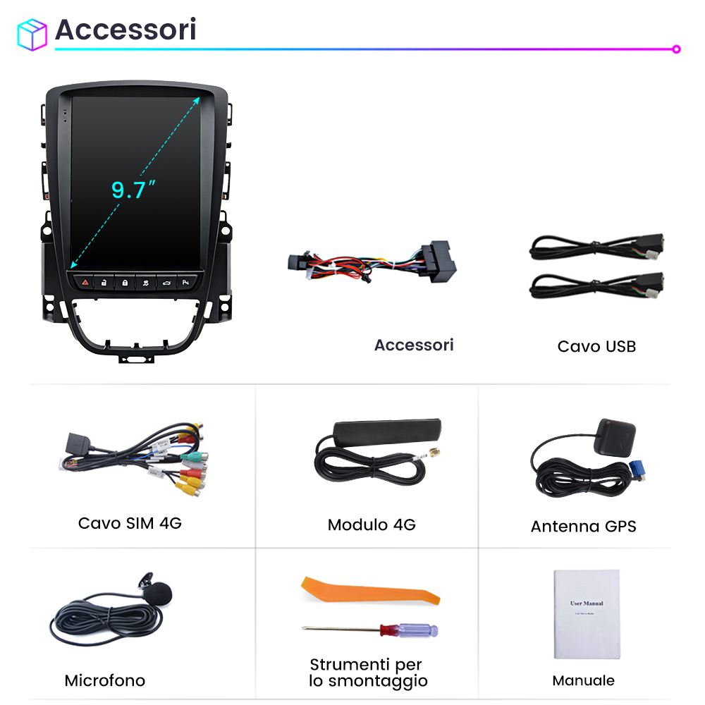 Uno schermo da 9,7 pollici con accessori, cavi e strumenti.