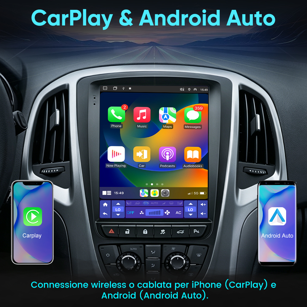 Un sistema di infotainment per auto con CarPlay e Android Auto montato sul cruscotto.