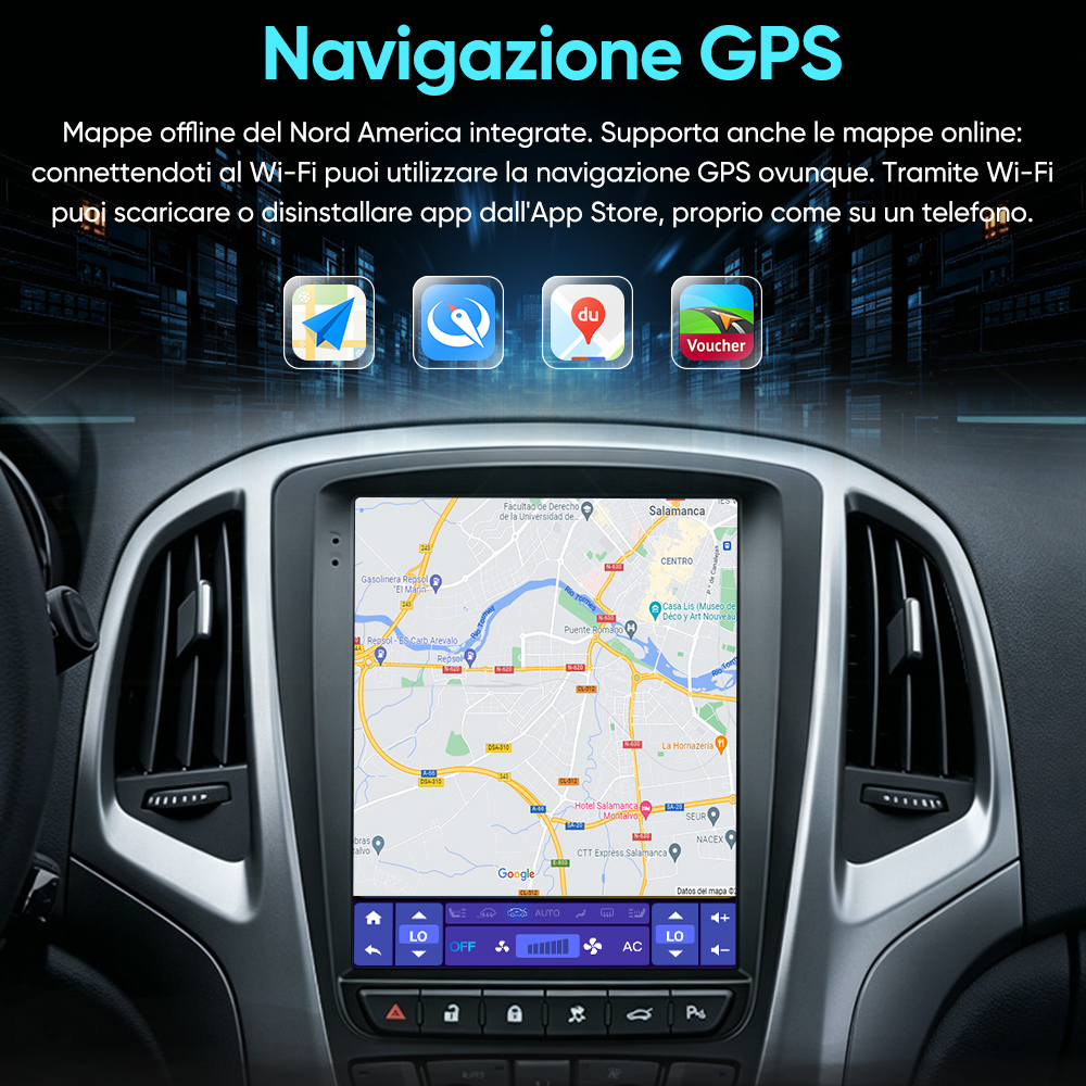 Sistema di navigazione per auto con mappa e icone app.