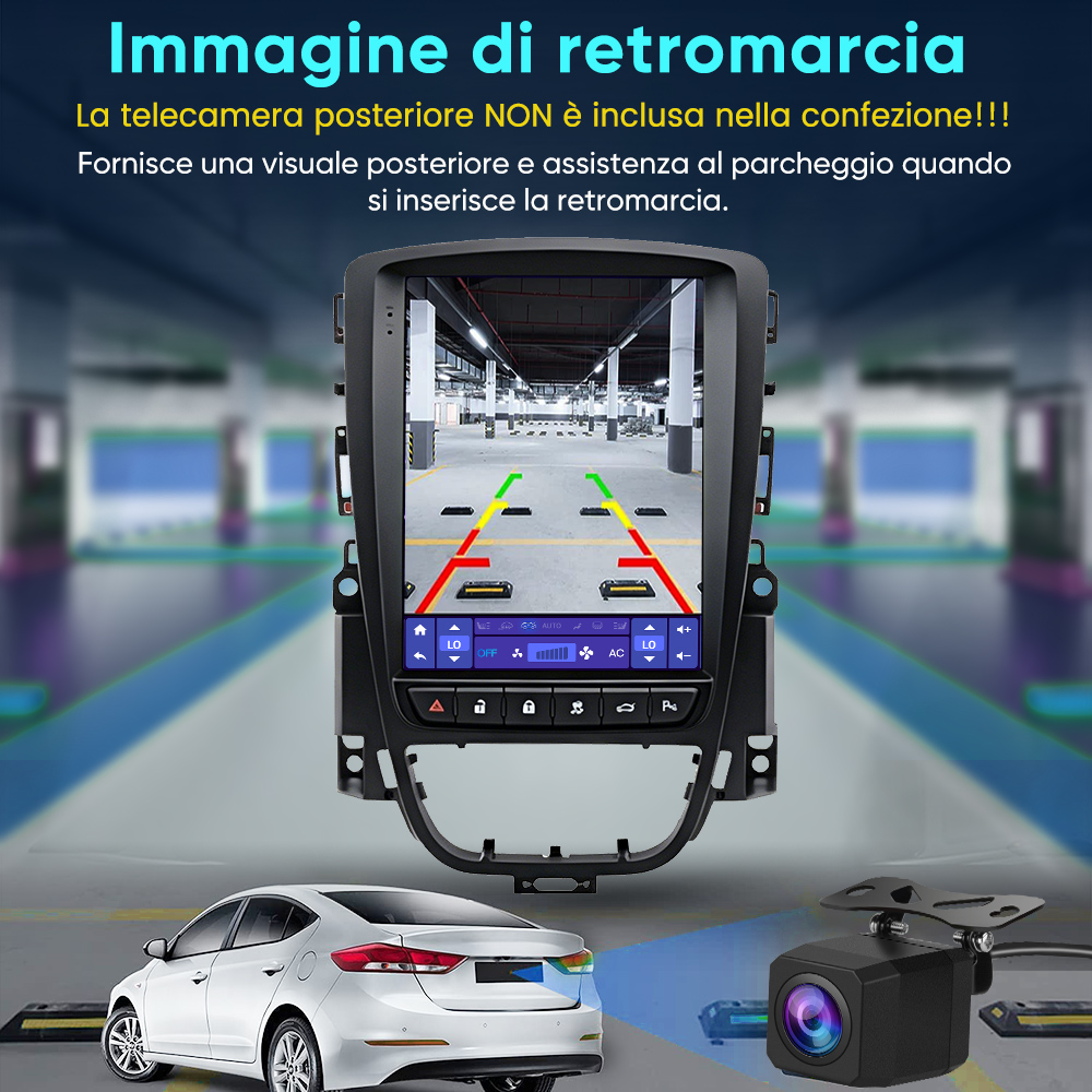 Autoradio mostra vista parcheggio con linee guida telecamera posteriore.