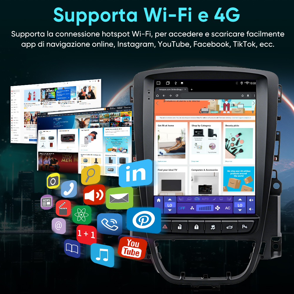 Un autoradio che mostra app come Amazon, YouTube e social media. Supporta Wi-Fi e 4G.