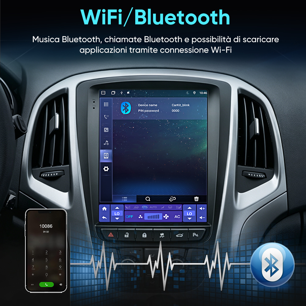 Schermo infotainment auto mostra opzioni Bluetooth e WiFi. Uno smartphone è visibile a sinistra.