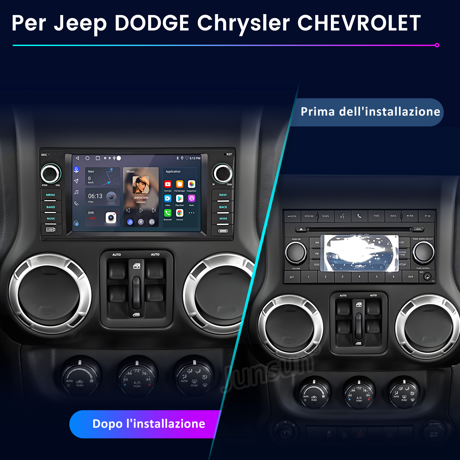 Confronto tra due cruscotti Jeep: prima e dopo l'installazione di un nuovo sistema multimediale.