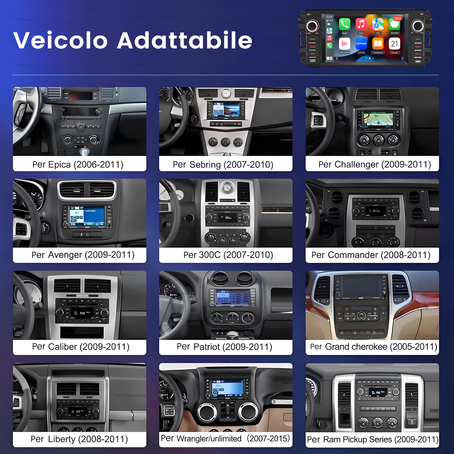 Immagini di interni auto con radio, vari modelli.