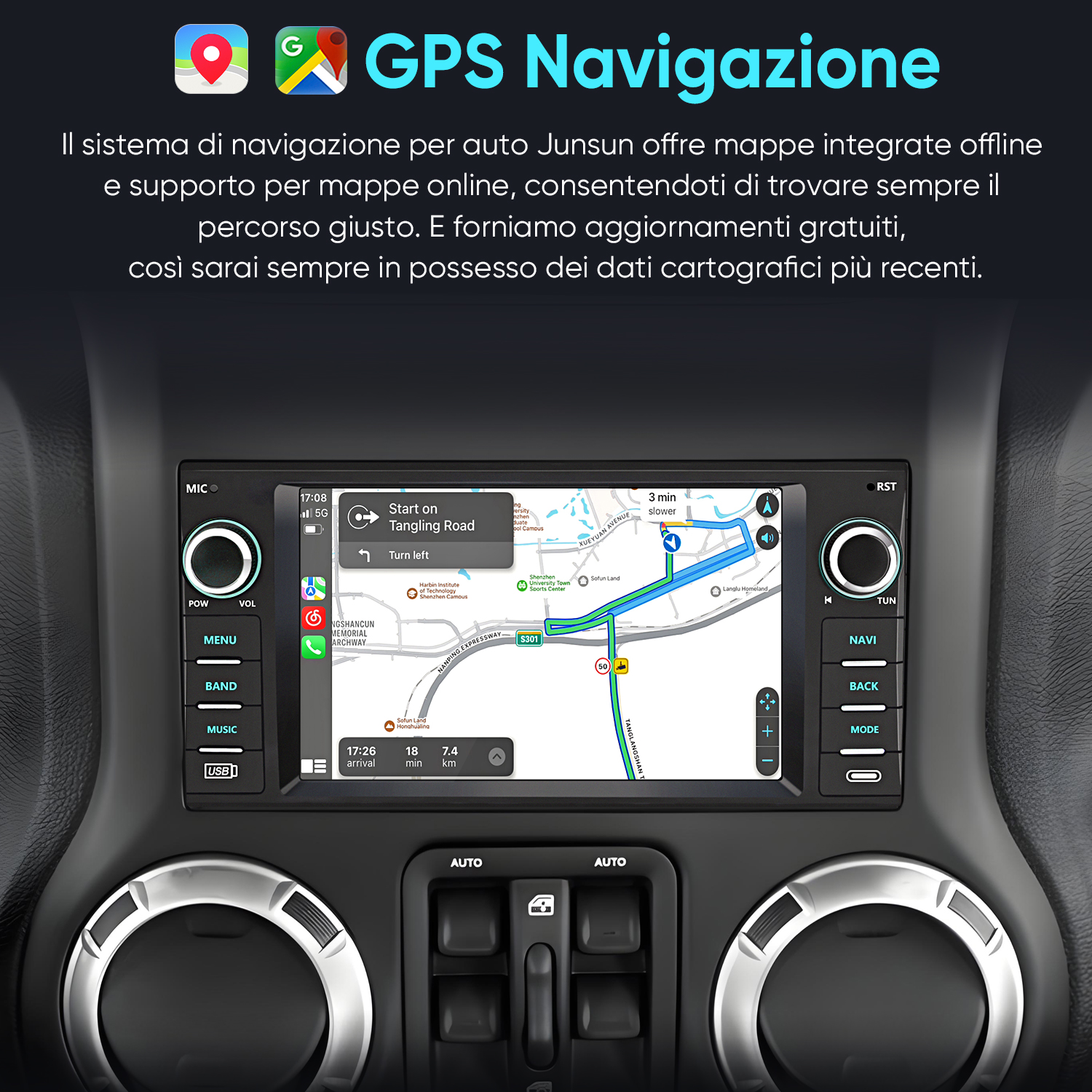 Un sistema di navigazione per auto mostra una mappa con pianificazione del percorso.