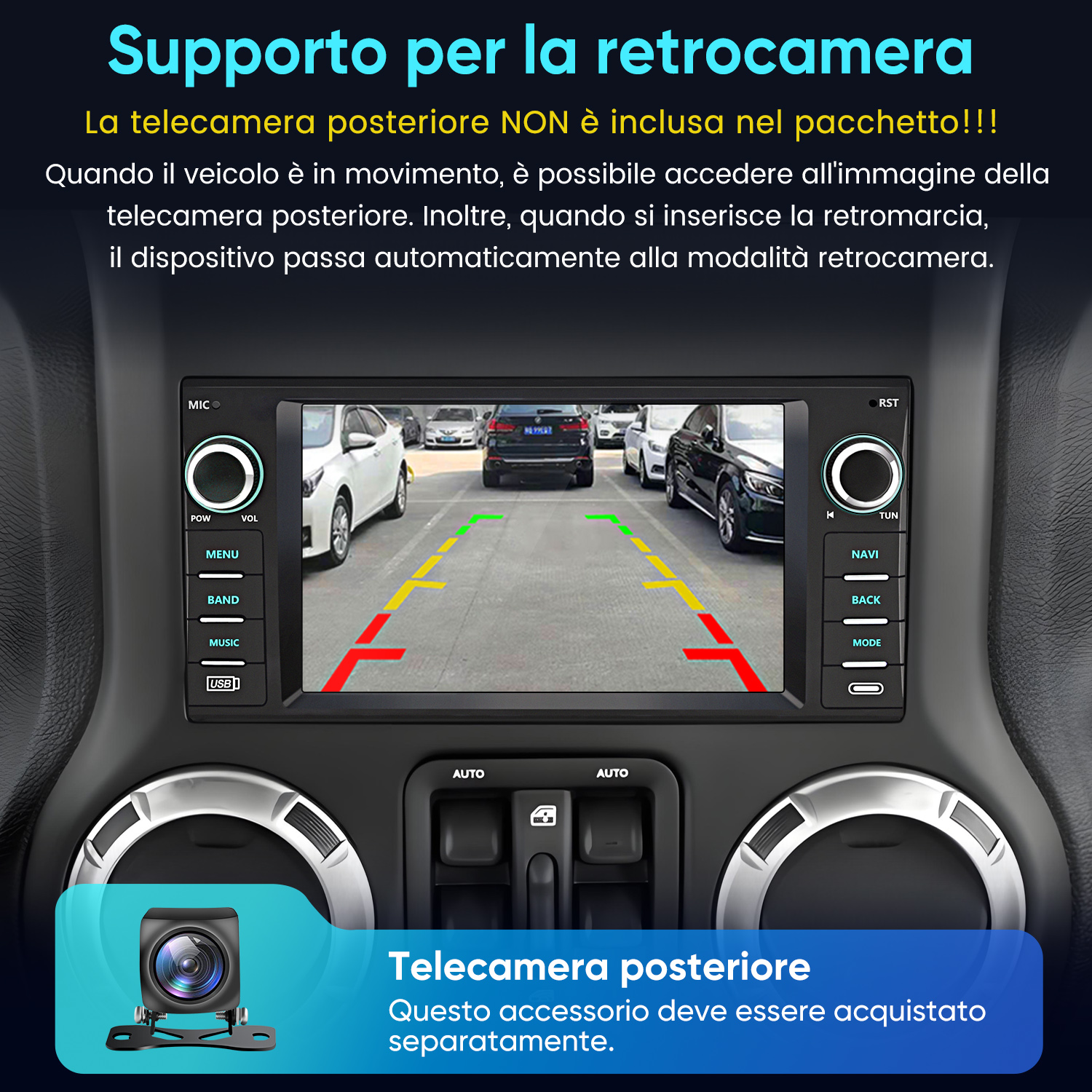 Schermo autoradio mostra vista posteriore telecamera con linee parcheggio.
