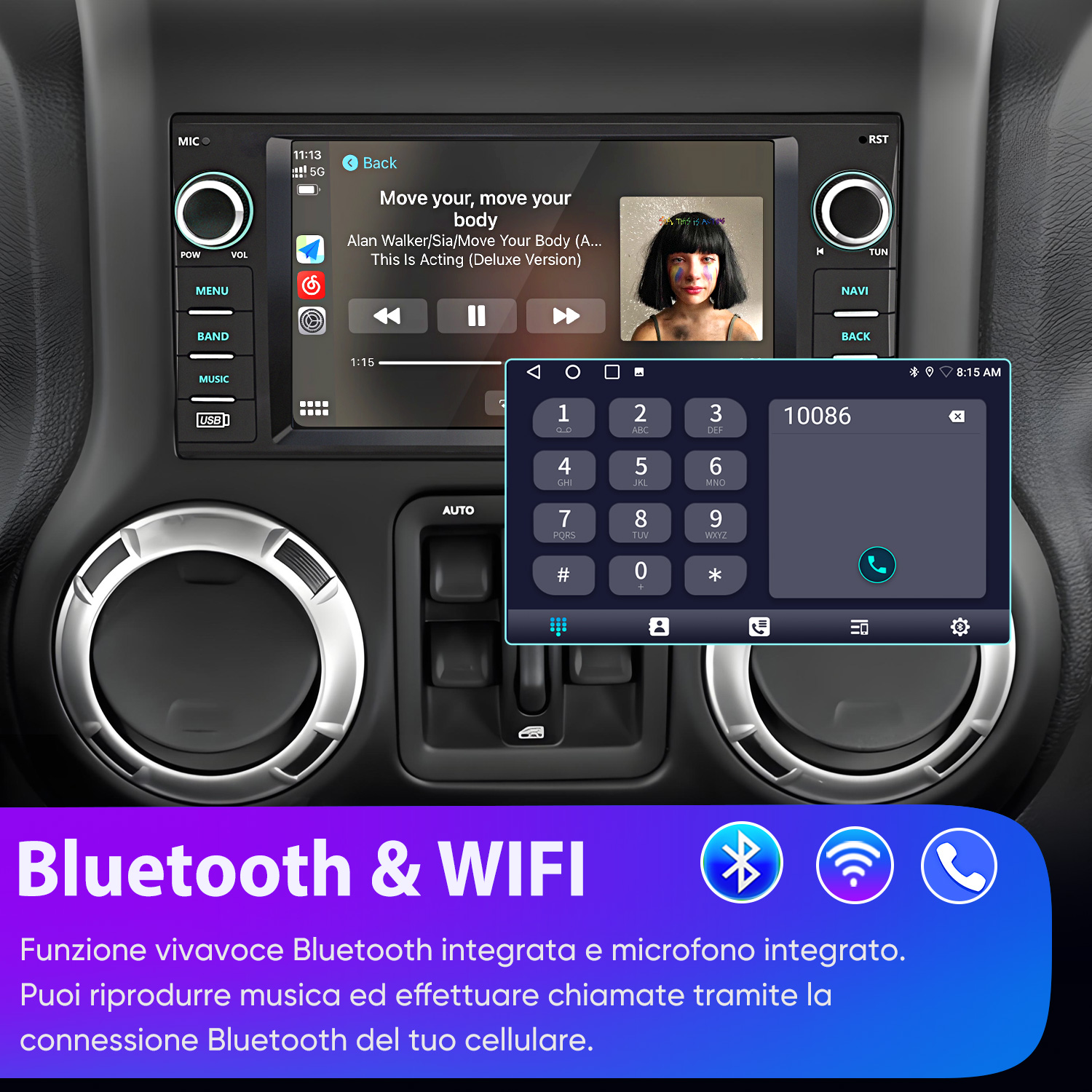 Un sistema di infotainment per auto mostra musica e tastierino numerico.