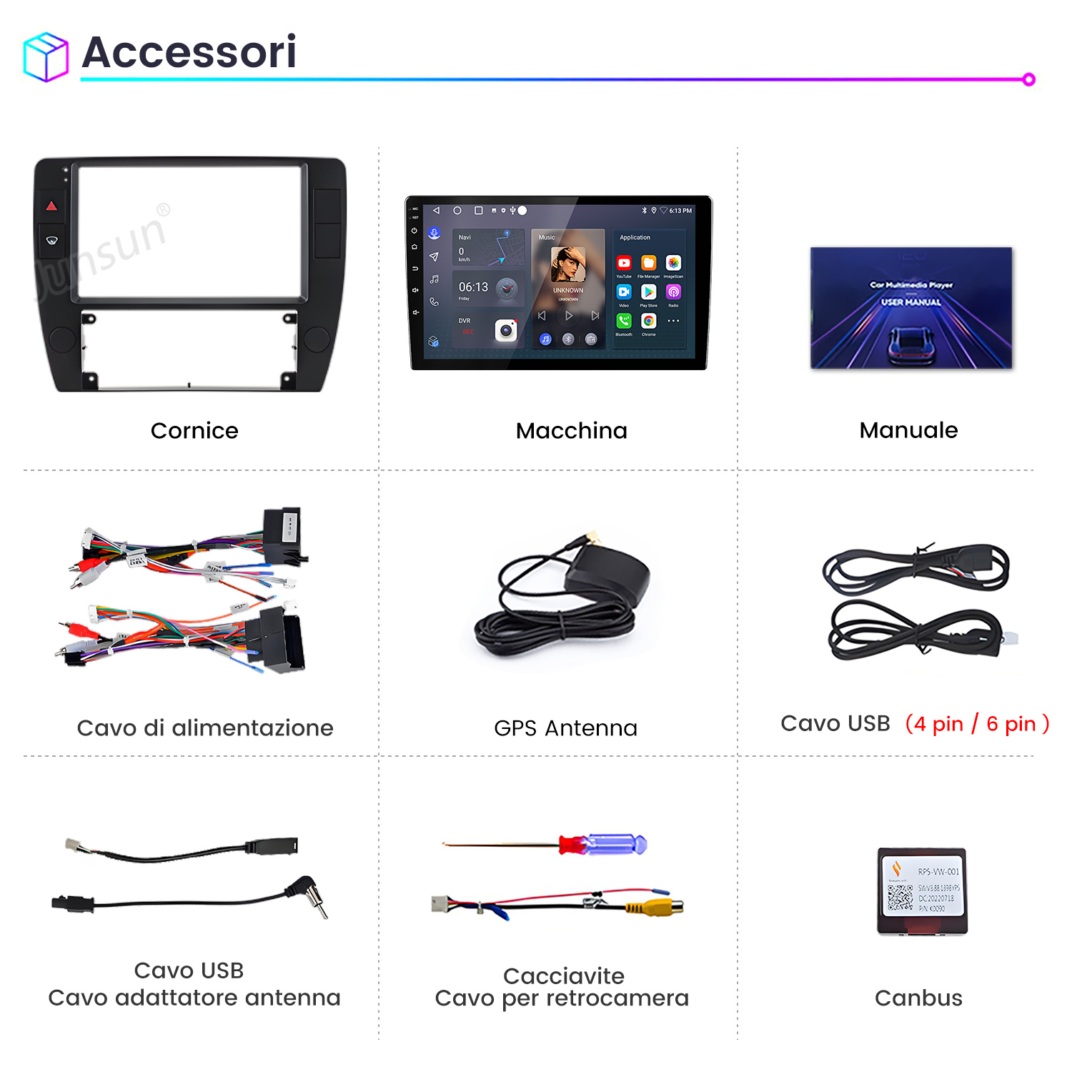 Accessori auto: cornice, display autoradio, manuale, cavi, antenna, cacciavite, canbus.