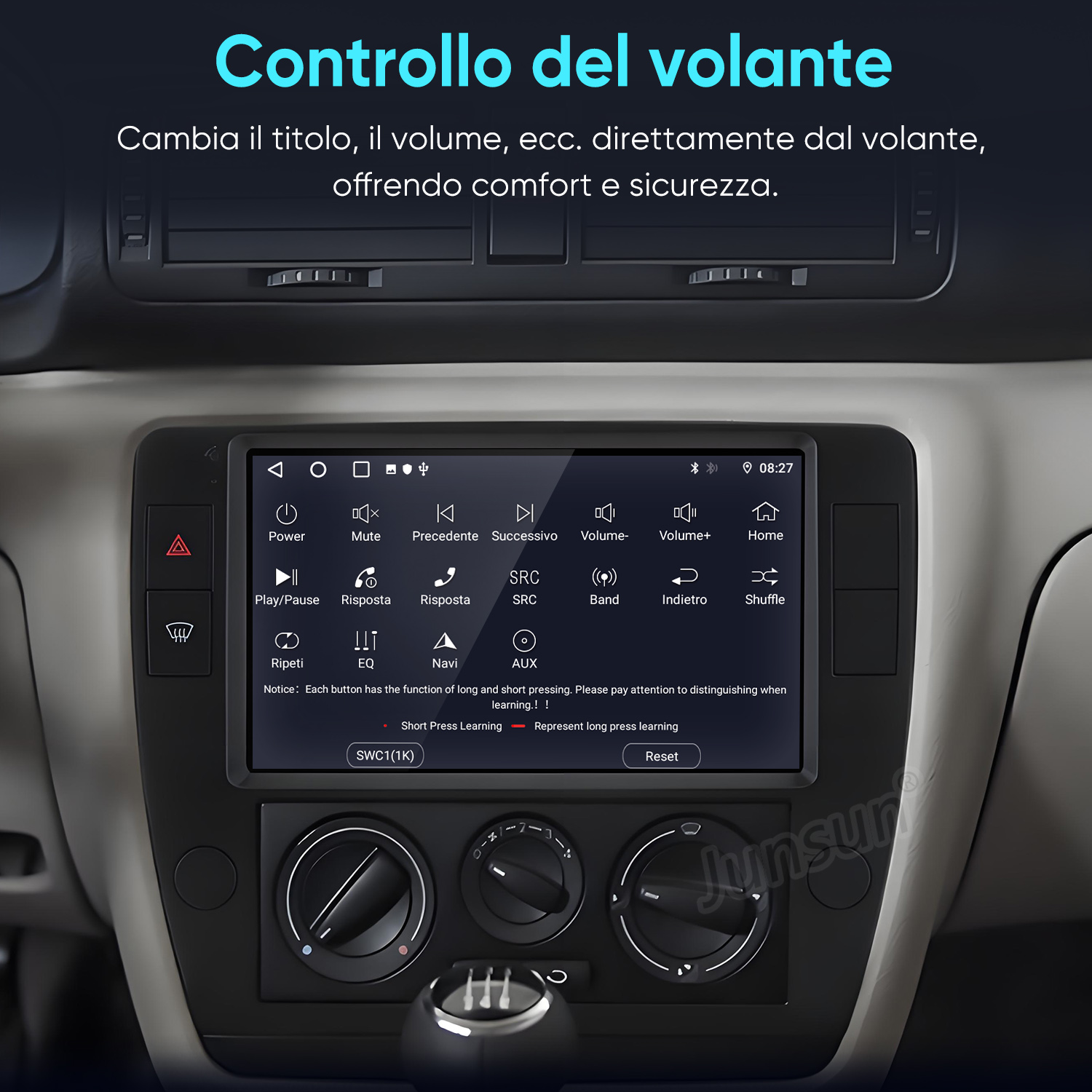 Schermo infotainment auto con controlli volume e icone funzioni.