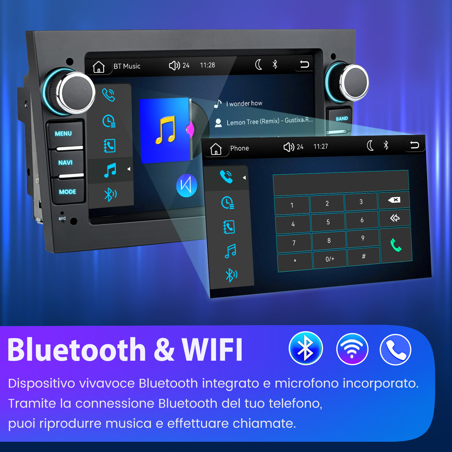 Una moderna autoradio con touchscreen che mostra interfacce musicali e telefoniche.