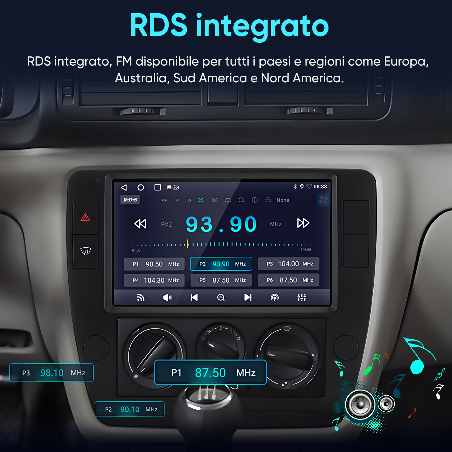 Display autoradio mostra FM2 93.90 MHz, con frequenze preimpostate.
