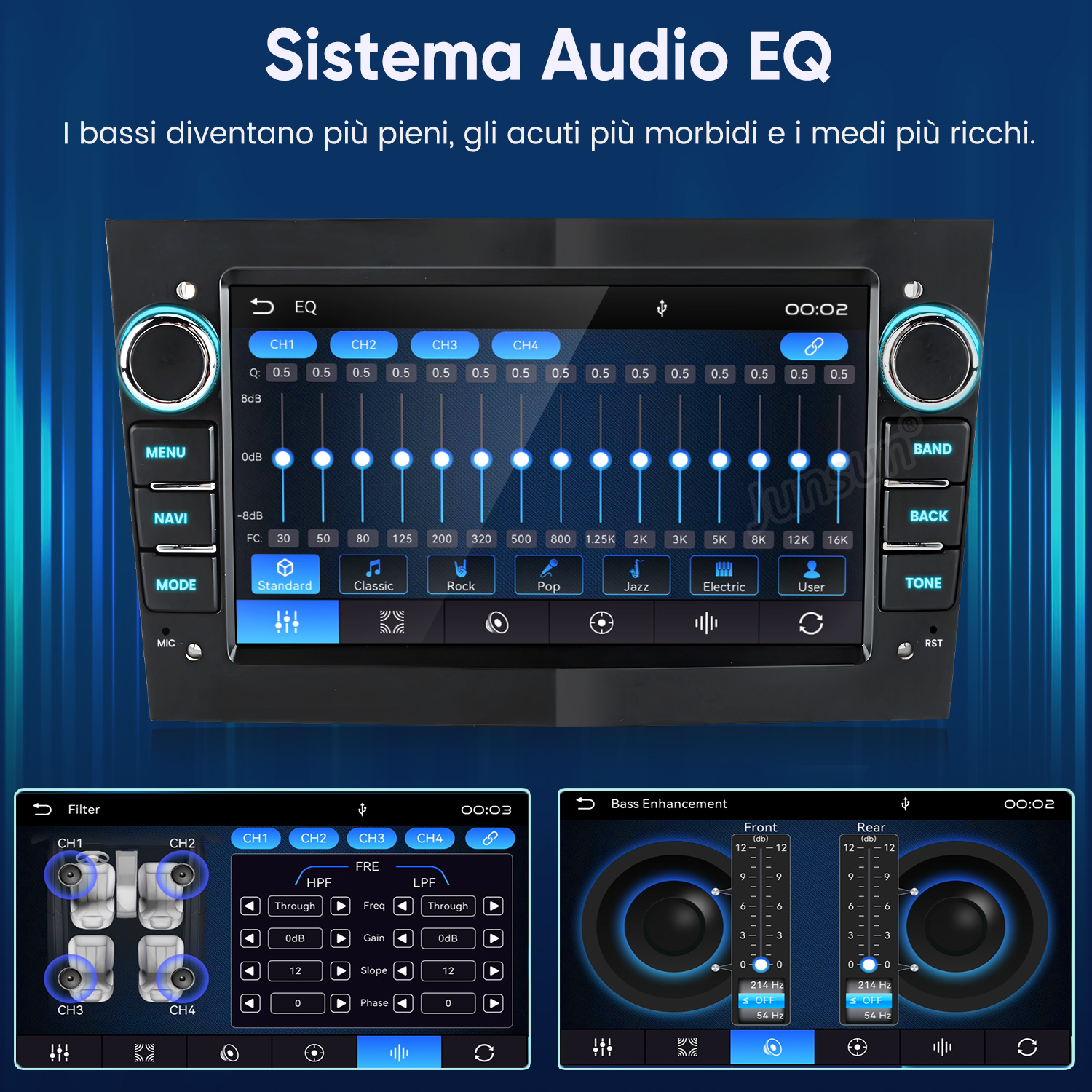 Un display per autoradio mostra impostazioni EQ, filtro e bassi con slider e pulsanti.