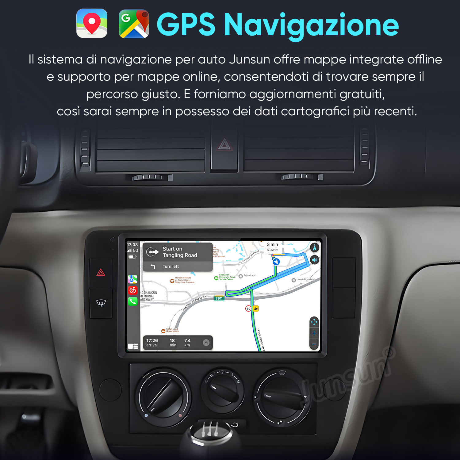 Sistema di navigazione auto mostra mappa con pianificazione percorso e indicazioni stradali.