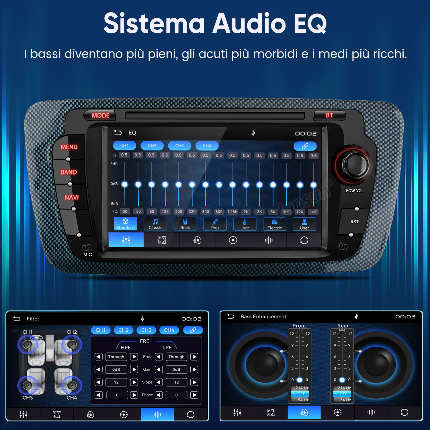 Un sistema di infotainment per auto che mostra le impostazioni di equalizzatore, filtro e potenziamento dei bassi.