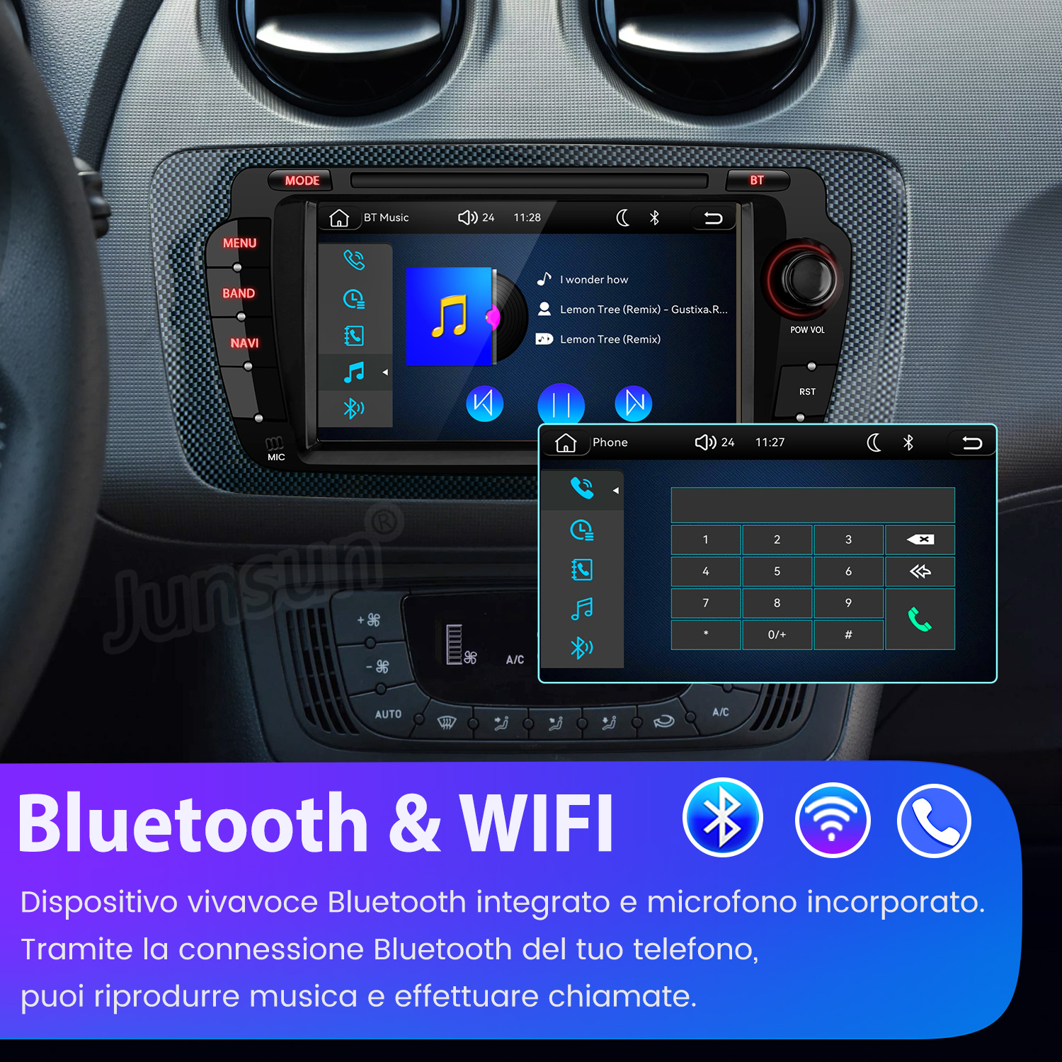 Schermo autoradio mostra musica e menu telefono. Testo 'Bluetooth & WIFI' in basso.