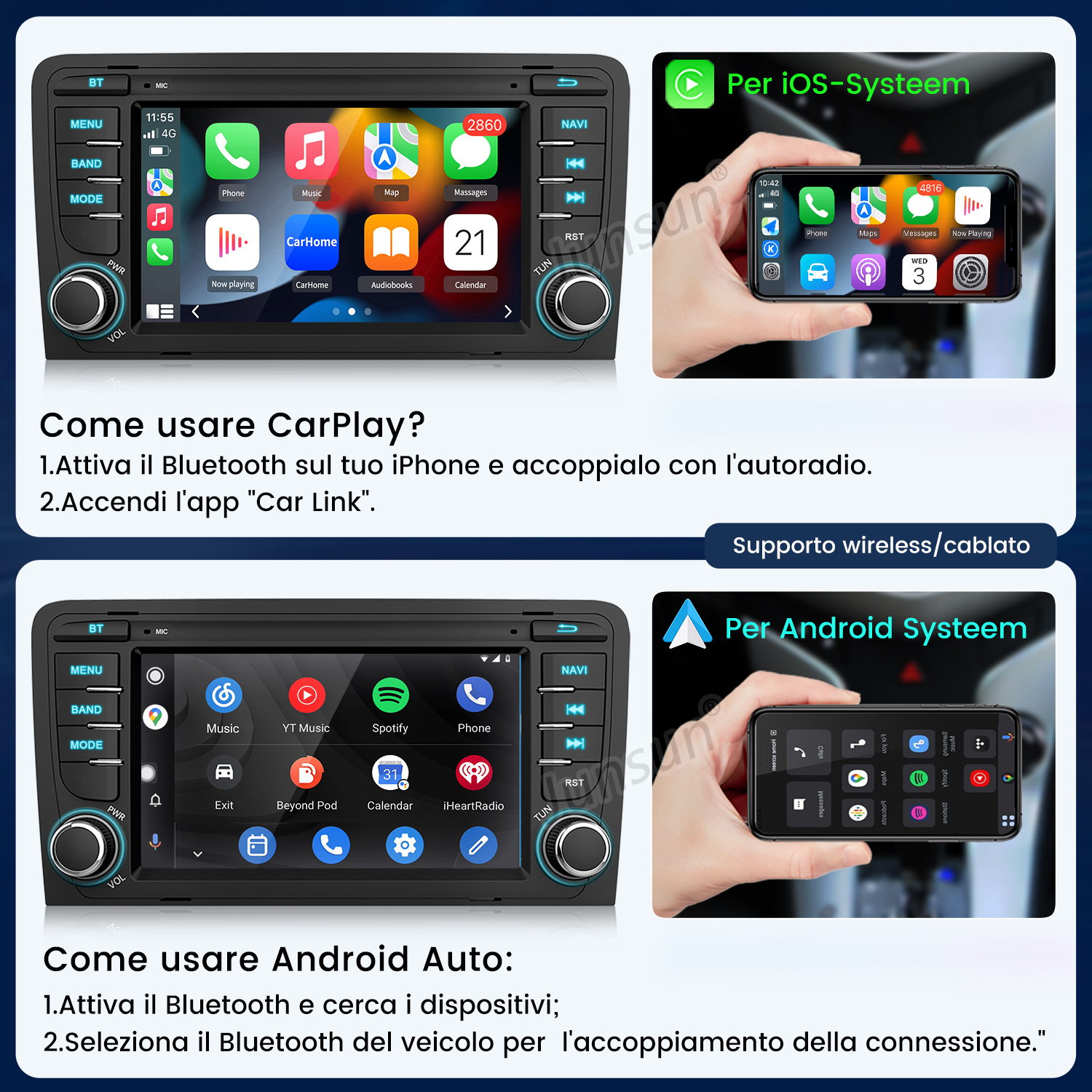 Schermo autoradio con CarPlay e Android Auto. A sinistra: menu, a destra: interfaccia telefono.