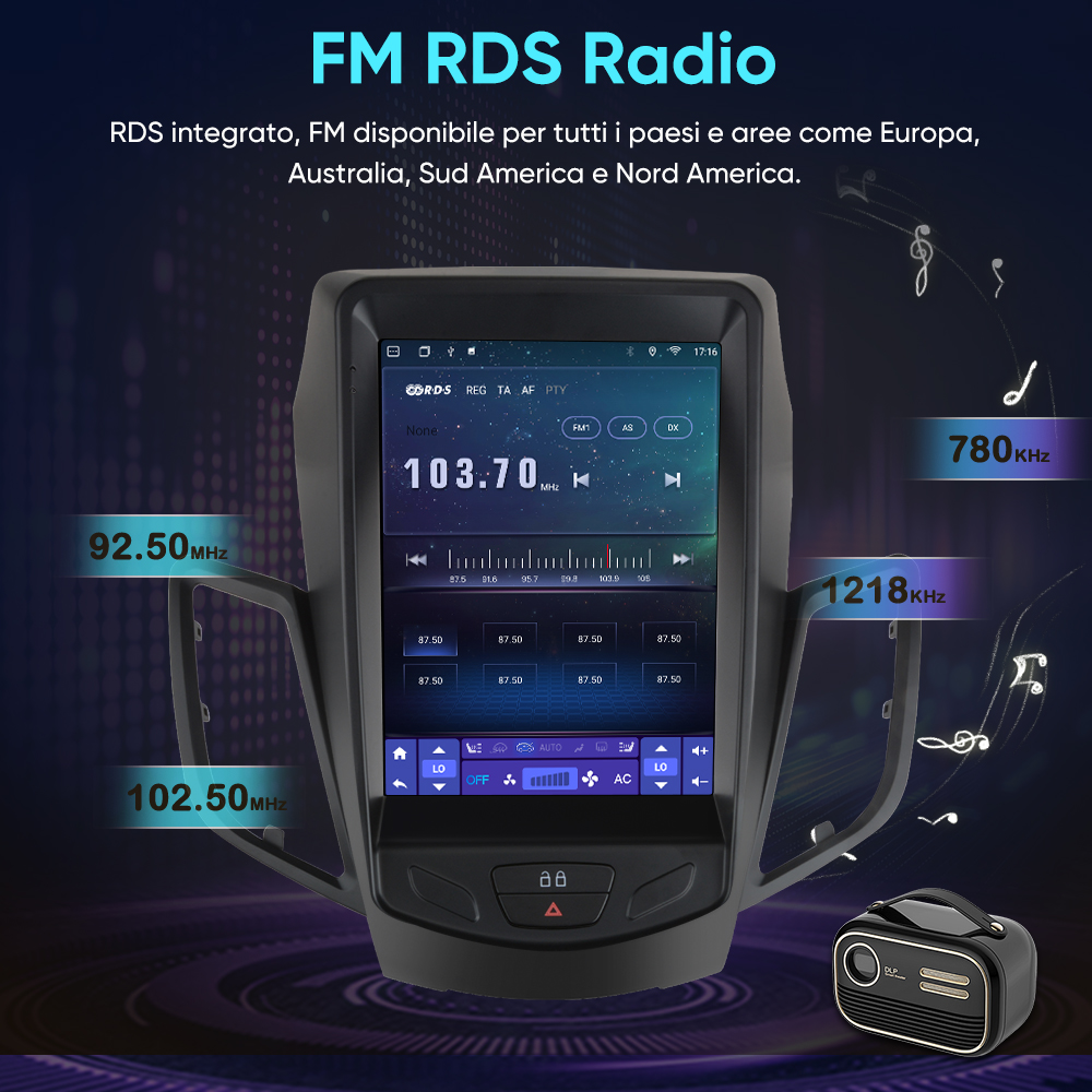 Moderna autoradio con touchscreen FM-RDS, mostra 103.70 MHz.