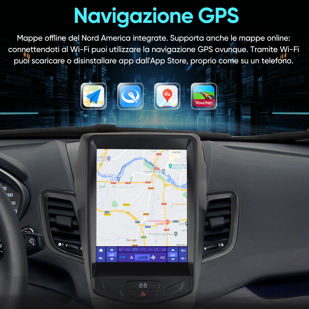 Navigazione GPS in auto, con app di mappe e una mappa della città sullo schermo.