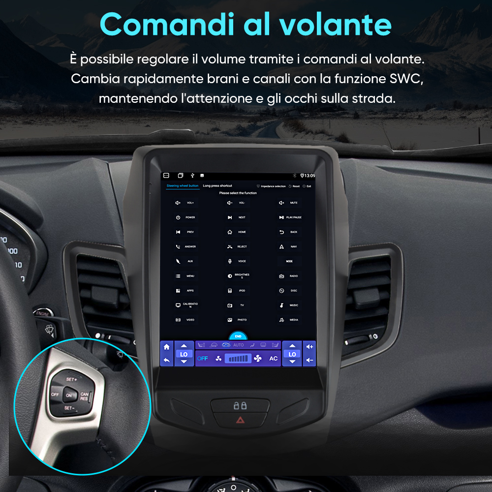Volante auto con touchscreen che mostra controlli multimediali e impostazioni.