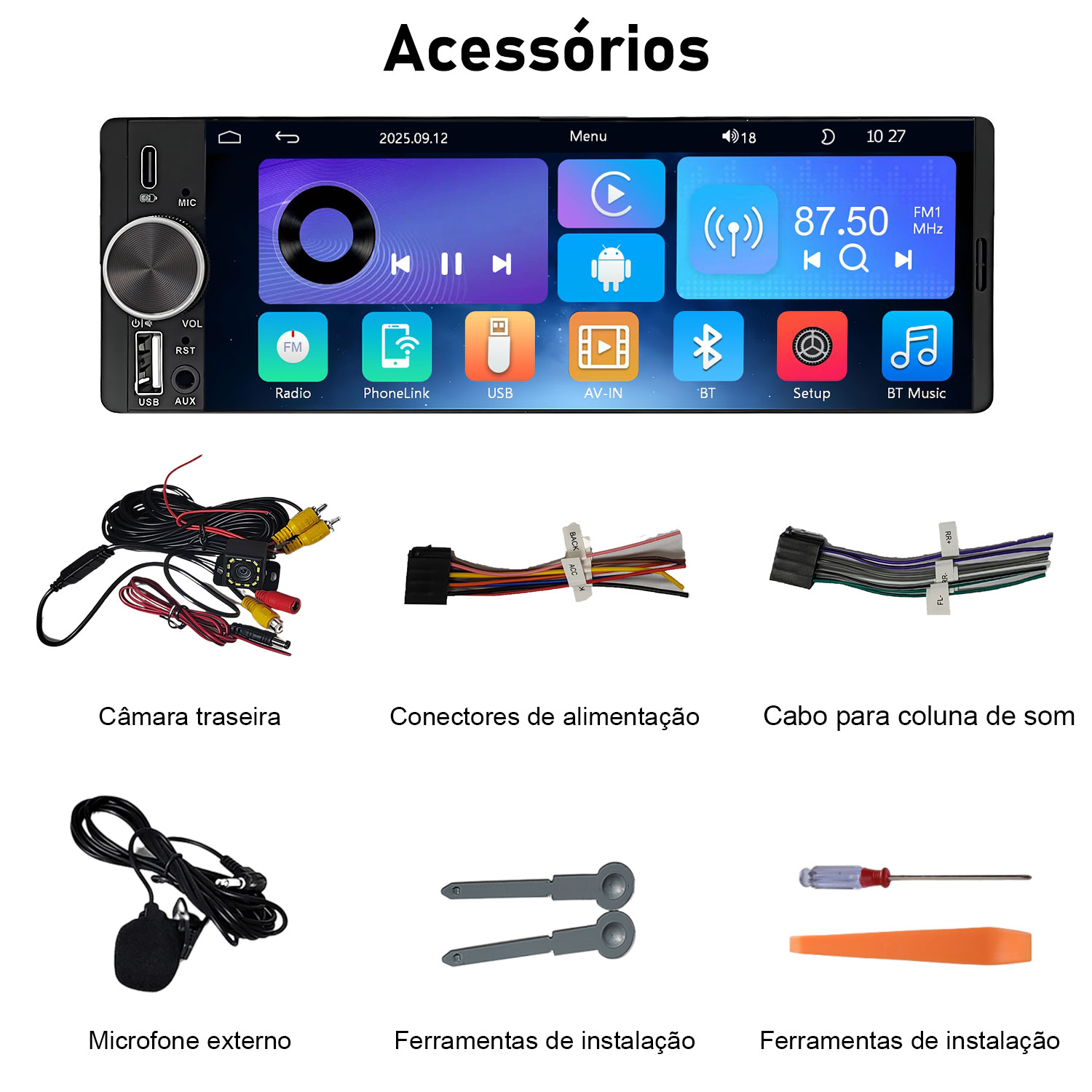 Display autoradio con accessori: telecamera posteriore, cavi, microfono, attrezzi.