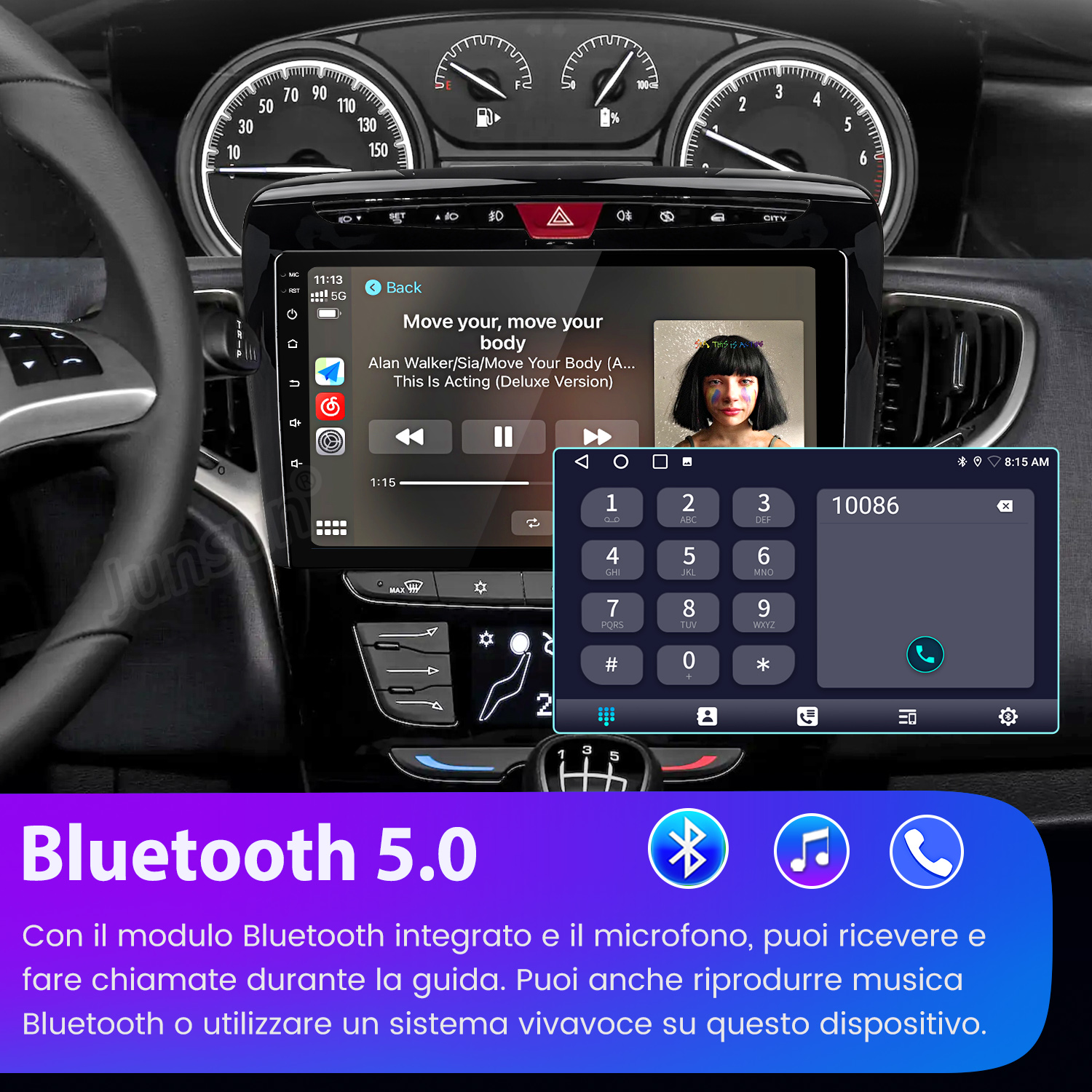 Interno auto con schermo infotainment che mostra musica e tastierino numerico.