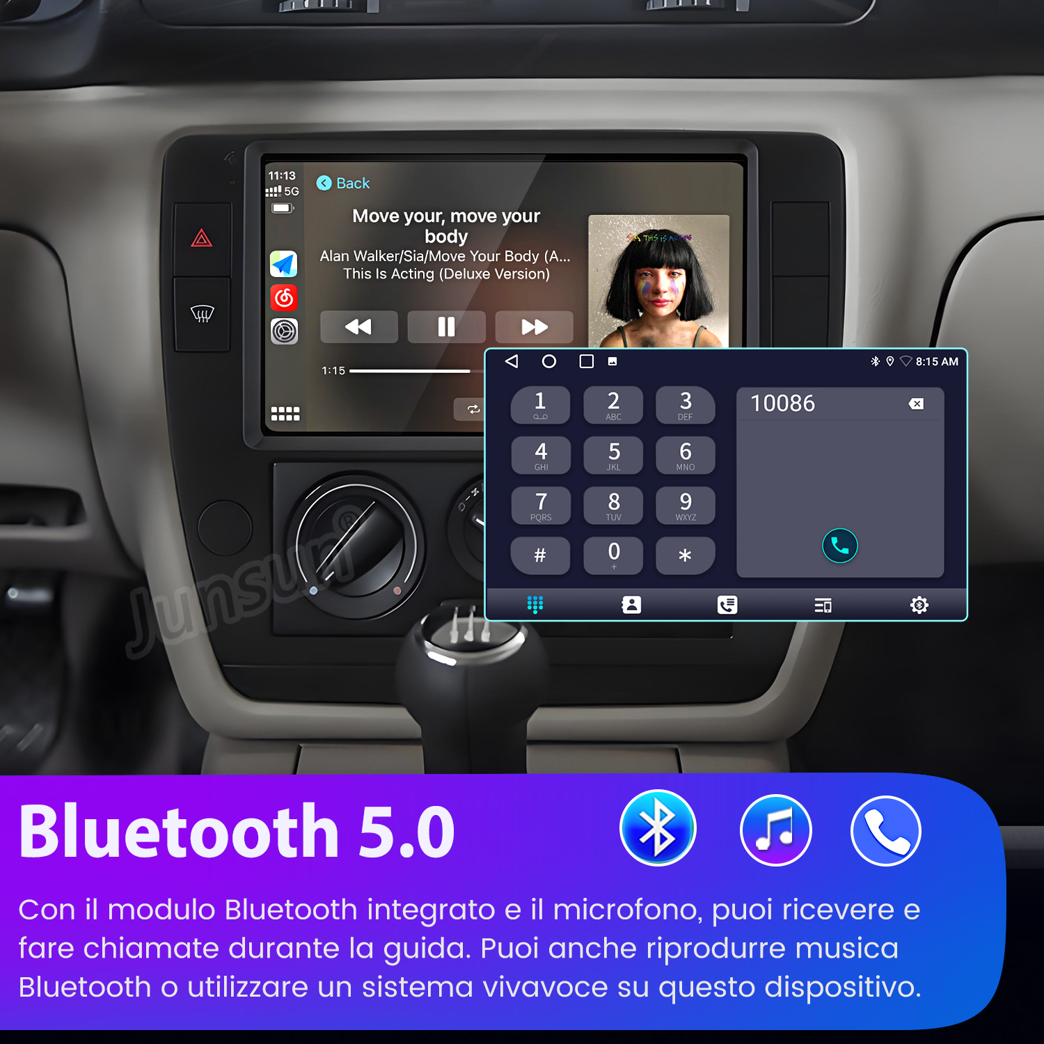 Interno auto con touchscreen che mostra musica e telefono. Bluetooth 5.0.