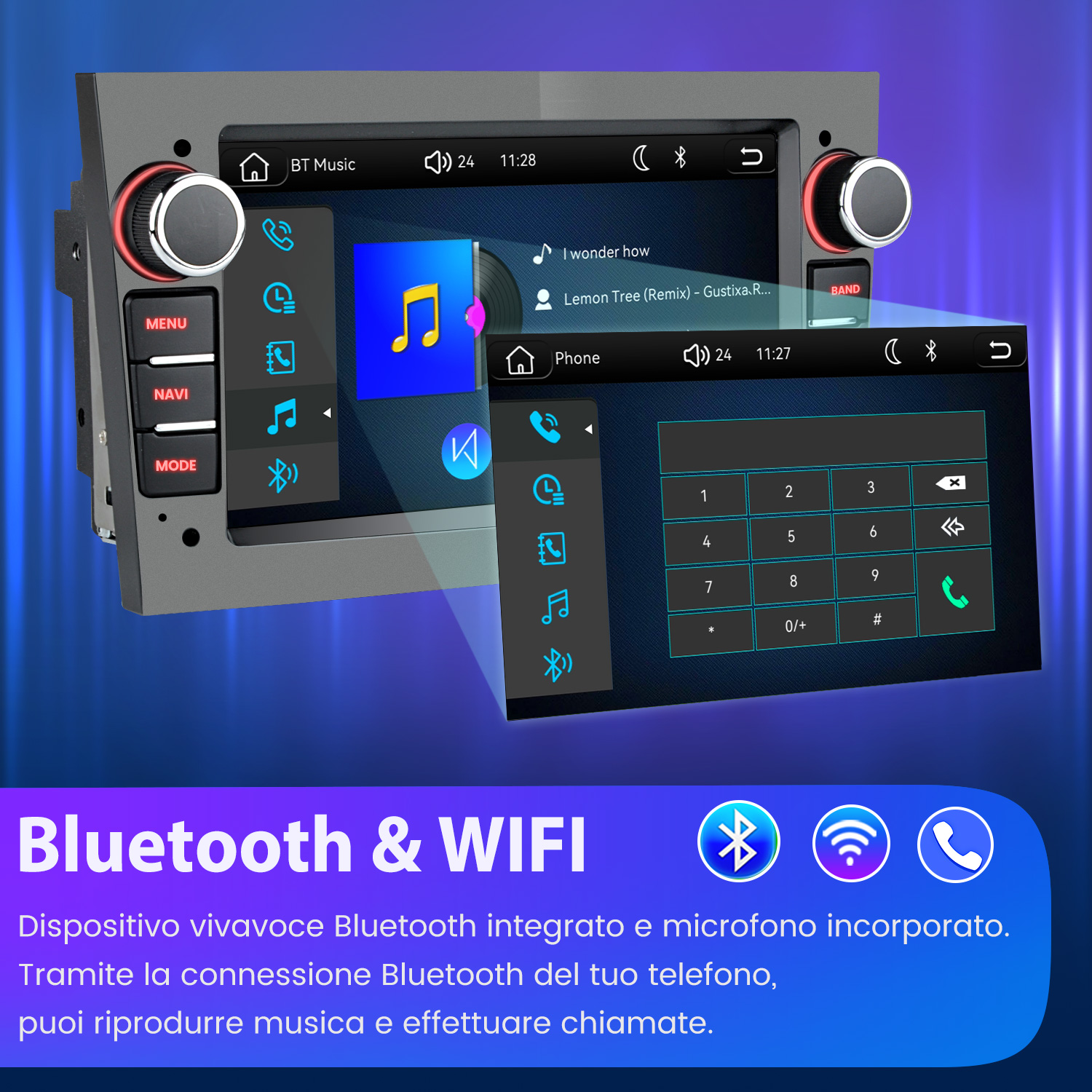 Autoradio con touchscreen mostra musica e app telefono. Sotto: icone Bluetooth e WiFi.